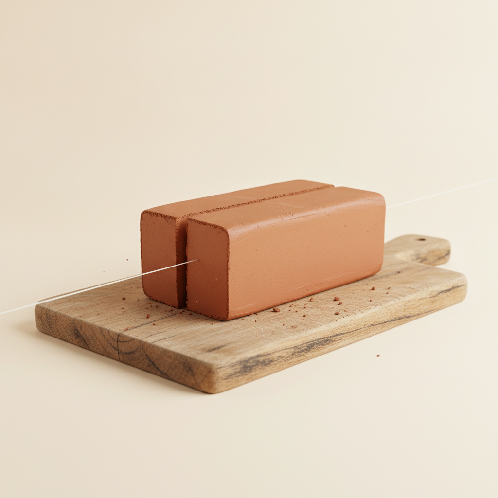 A slab of natural potter's clay, sliced like a bread loaf