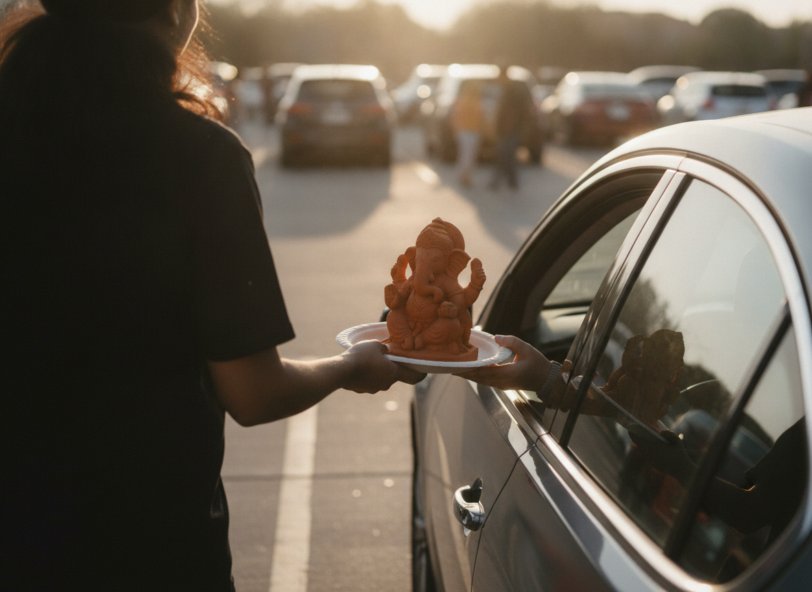 Volunteers handing clay Ganesha moorthi's to cars at a drive-thru pickup