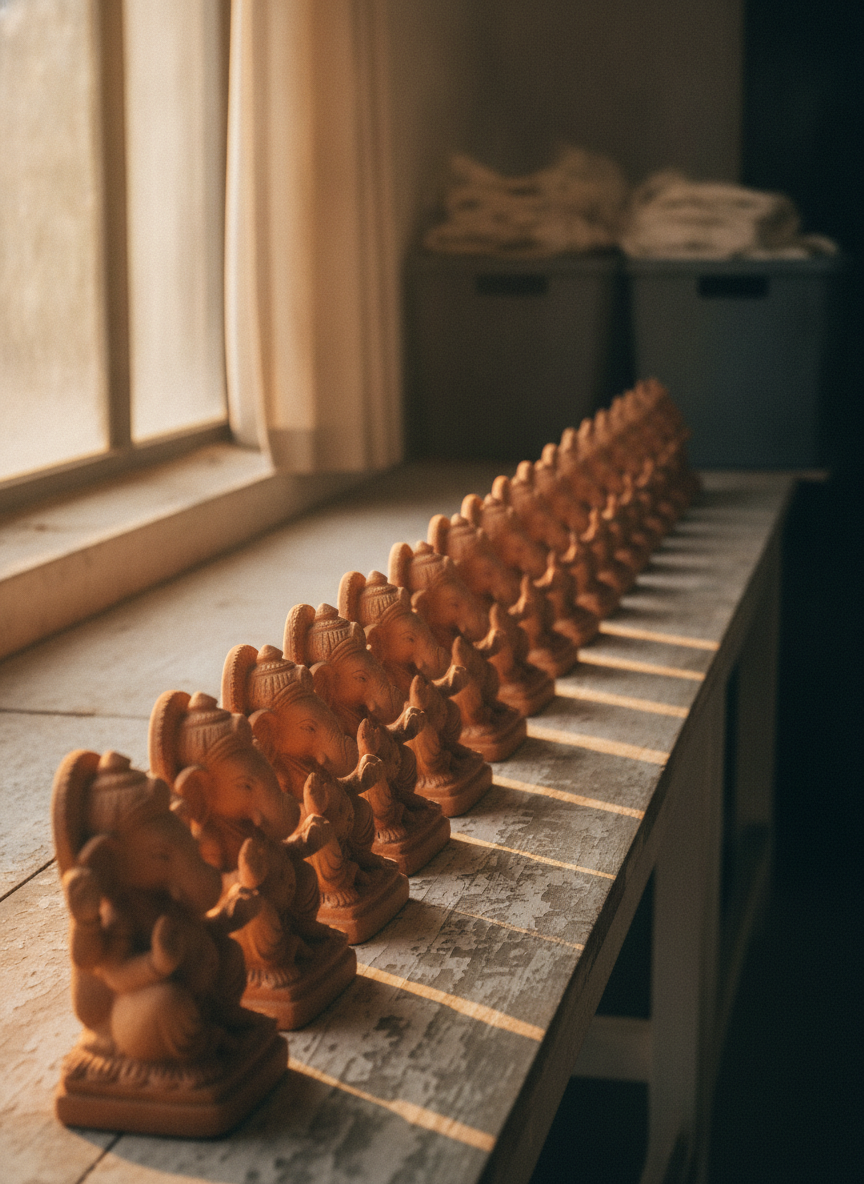 A row of finished clay moorthi's ready for distribution