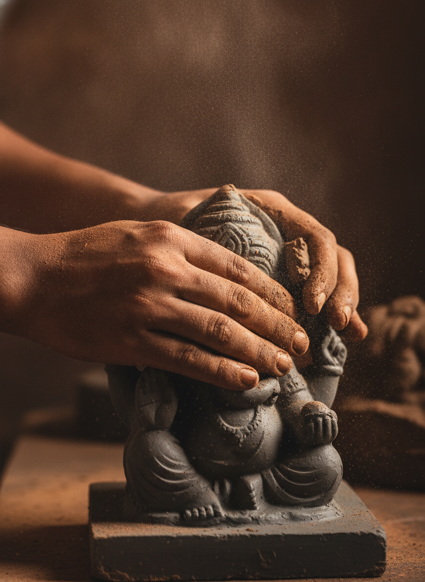 Hands pressing clay into a Ganesha mould