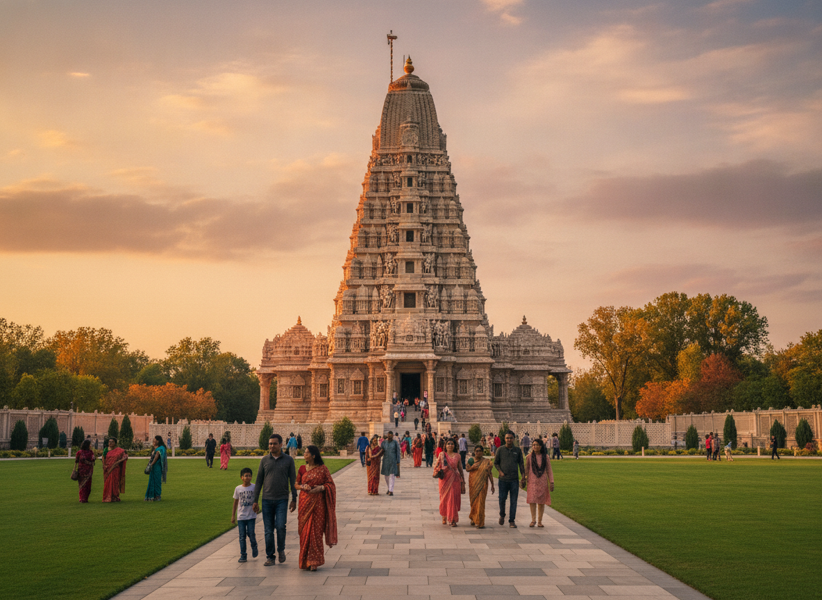 A grand Hindu temple with carved gopuram at golden hour, families arriving on the steps