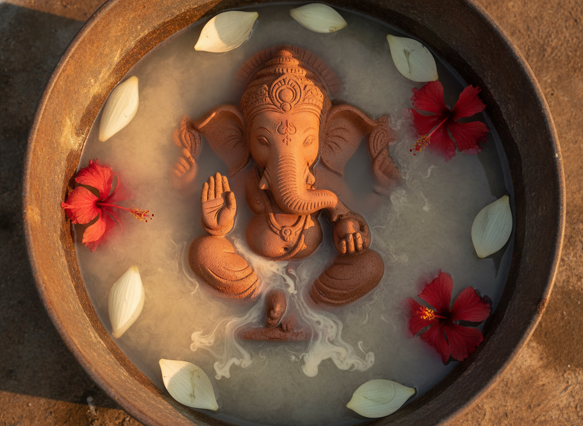 A clay Ganesha gently dissolving in a bucket of water