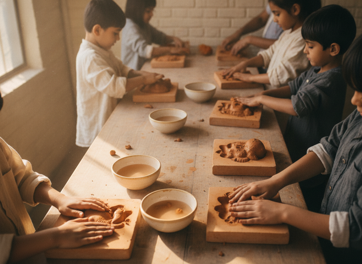 Children pressing clay into Ganesha moulds at a community workshop